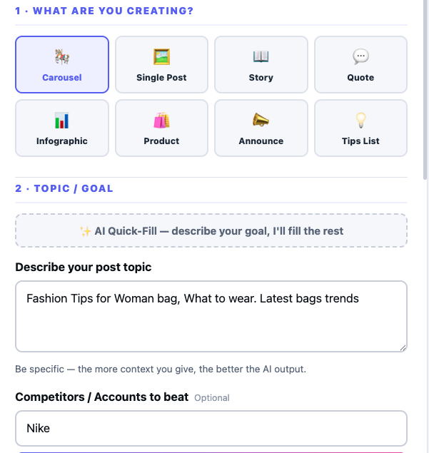Step 1 — Describe Your Goal: choose post type and enter your topic in Creatives Gen