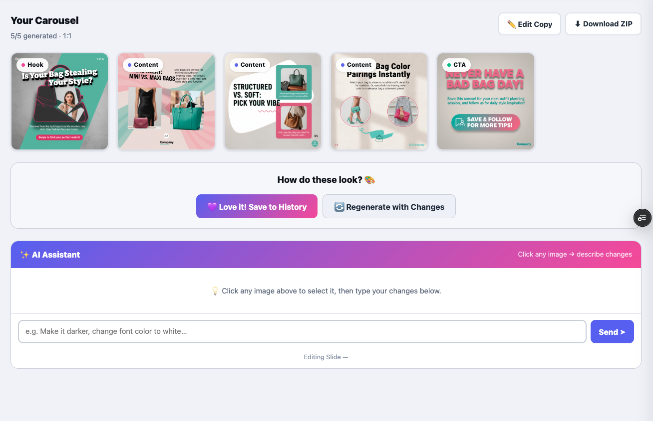 Step 3 — Generate & Download: view all AI-generated carousel slides and download as ZIP